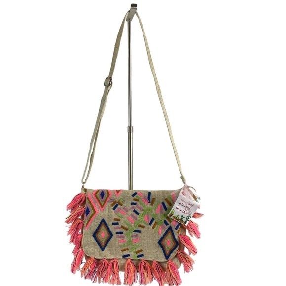 America & Beyond Purse Satchel Bag Aztec Design Embroidered Fringe Jute Nwt - Picture 2 of 9